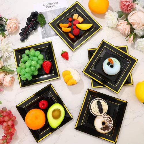 Vista 6 de 200 platos de plástico negro y dorado de 6.5 pulgadas, platos de postre cuadrados desechables para aperitivos, pasteles, ensalada, cubiertos