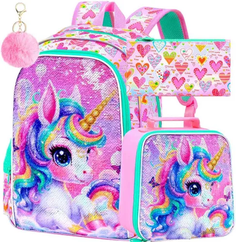 Vista 10 de 3 piezas de mochilas infantiles para niñas, 41 cm, mochila escolar preescolar y lonchera con diseño de unicornio/sirena/flamenco Mochila