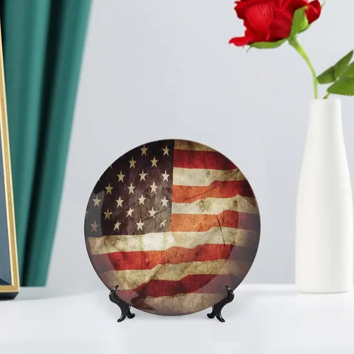 Vista 6 de Platos decorativos, adorno estampado de bandera estadounidense, aspecto patriótico, grunge, 6 pulgadas, decoración de pared de cocina, multicolor