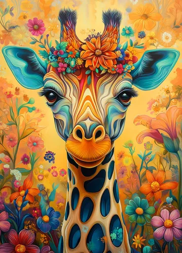 Vista 12 de Rompecabezas para adultos de 1000 piezas, jirafa colorida con corona floral Jirafa de cuello azul
