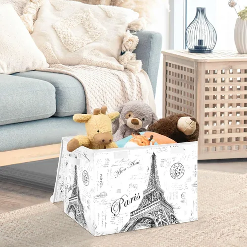 Vista 5 de Kigai Paris - Papeleras de almacenamiento plegables con tapa de torre Eiffel con doble asa, caja de almacenamiento abatible para documentos de ropa
