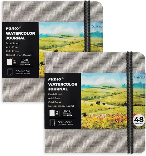 Vista 9 de Funto Diario de Acuarela, Cuadrado, 5.5x5.5, Portátil Paquete de 2, 48 Páginas Cada Uno, Cubierta Azul, 110lb/230gsm, Suministros de Arte