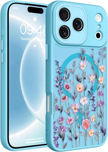 Vista 155 de Magnético para iPhone 13 con protector de pantalla [Compatible con MagSafe] Diseño de patrón floral de flores bonitas, funda delgada a prueba