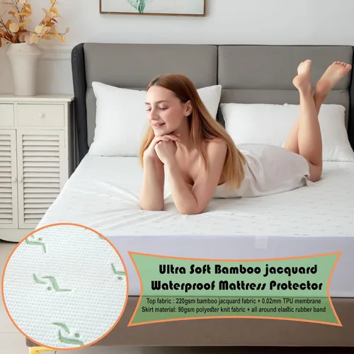 Vista 5 de Protector de colchón impermeable jacquard de bambú de alta calidad, 100% impermeable, ultrasuave y transpirable, funda de cama de enfriamiento sin