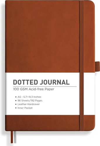 Vista 10 de RETTACY Cuaderno de diario con puntos y viñetas, 192 páginas, tamaño mediano A5 (5.7" x 8.3"), tapa dura de cuero, papel grueso de 100 gsm