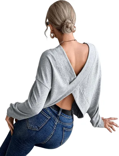 Vista 2 de SweatyRocks Sudaderas con cuello redondo y entrecruzadas para mujer, blusa holgada sin espalda, blusa casual