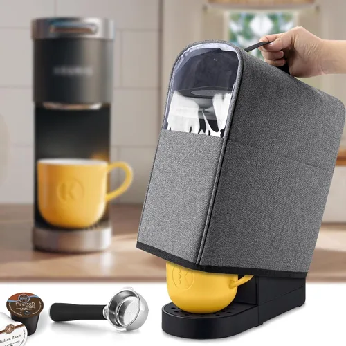 Vista 2 de CURMIO Funda antipolvo para cafetera compatible con Keurig K-Mini y K-Mini Plus, funda para máquina de café con bolsillos para K Cup, solo funda