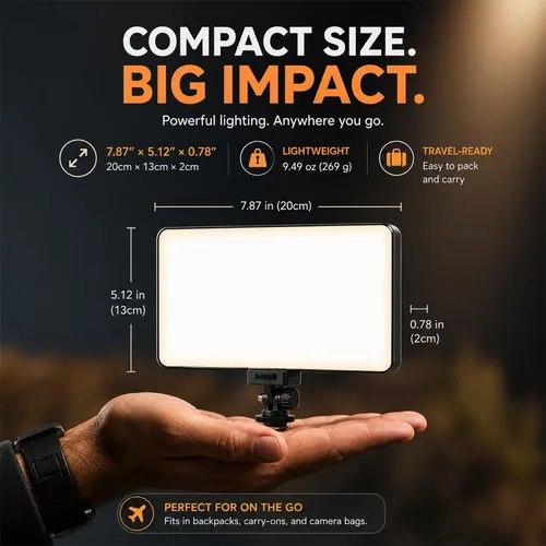 Vista 7 de Professional LED Video Light Panel, Compatible with Canon PowerShot SX400 is, 240 LEDs, USB-C Rechargeable 4000mAh Battery, Adjustable Brightness &