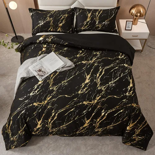 Vista 3 de WONGS BEDDING Juego de edredón de mármol metálico negro dorado Queen con estampado de lámina brillante y purpurina, juegos de ropa de cama con 2
