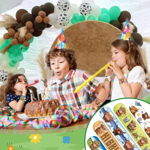 Vista 5 de 48 pulseras de vaca de las tierras altas, recuerdos de fiesta de animales de dibujos animados para niños y niñas, suministros de fiesta de baby