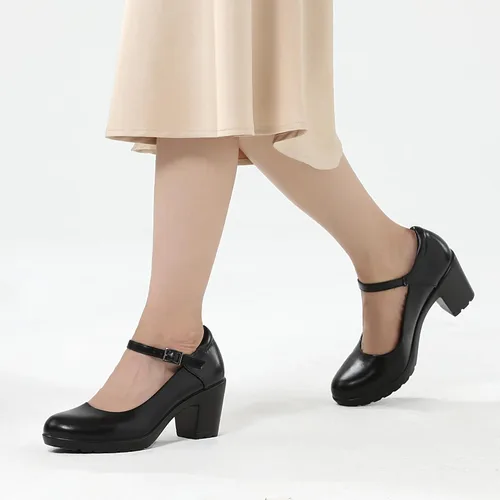 Vista 6 de Athlefit Zapatos de tacón grueso Mary Jane para mujer, zapatos de tacón bajo cerrados con punta redonda, cómodos zapatos de vestir de boda