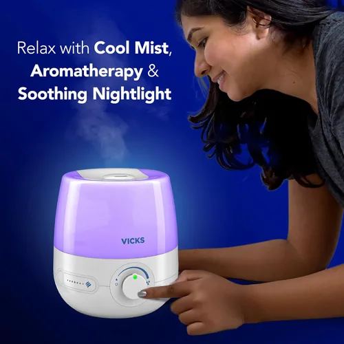 Vista 3 de Vicks NaturalCare Humidificador ultrasónico de niebla fría (VUL530), blanco, habitación pequeña, humidificador y difusor con luz nocturna, funciona