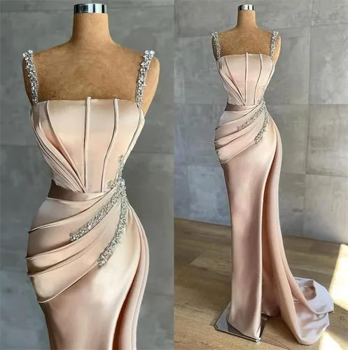 Vista 4 de Vestidos largos de satén con tirantes delgados, vestidos largos de sirena para mujer, vestidos de noche ajustados con cuentas 2023