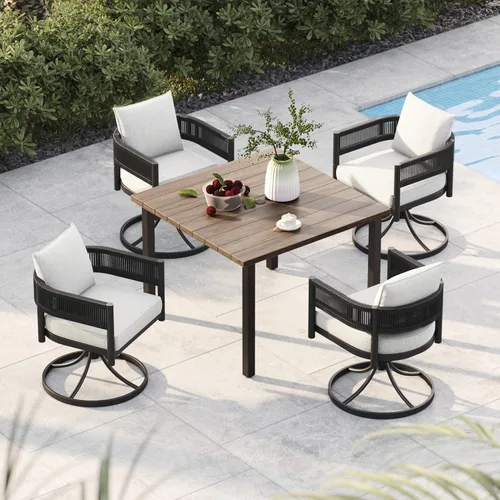 Vista 24 de Juego de comedor al aire libre Grand Patio de 5 piezas para 4, sillas de patio fijas de mimbre tejido metálico con cojines engrosados y 1 mesa