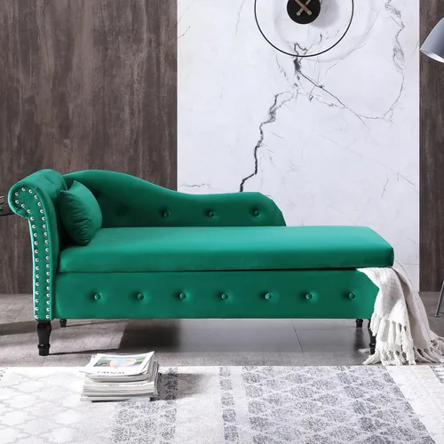 Vista 2 de LUCKHAO Chaise Lounge para interiores, sillón de terciopelo para dormitorio con almacenamiento y almohada, moderno y tapizado con brazo enrollado