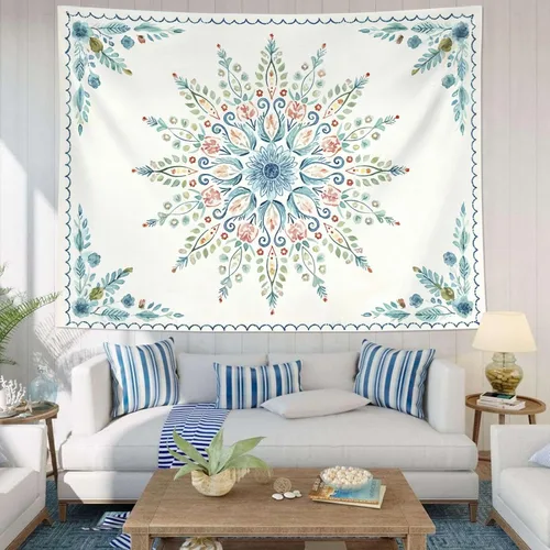 Vista 3 de Accnicc Tapiz bohemio con mandala floral para dormitorio, tapiz de pared con flores bohemias, pequeño, acuarela, azul, blanco, hippie, indio