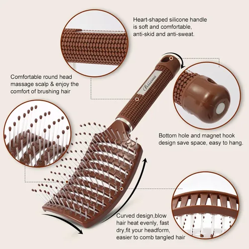 Vista 3 de Cepillo de pelo, cepillo profesional curvado ventilado con cerdas de 0.984 in para un secado más rápido, desenredar para cabello húmedo y seco Marrón