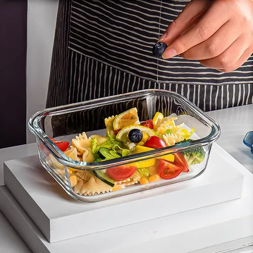 Vista 4 de 6 recipientes rectangulares de vidrio para almacenamiento de alimentos con tapas, recipientes de preparación de comidas para almacenamiento de Azul
