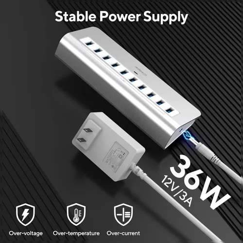 Vista 4 de Hub USB alimentado, intpw Hub USB de 10 puertos 3.1 con transferencia de datos de 10Gbps, adaptador de alimentación de 36W (12V/3A), cable USB tipo