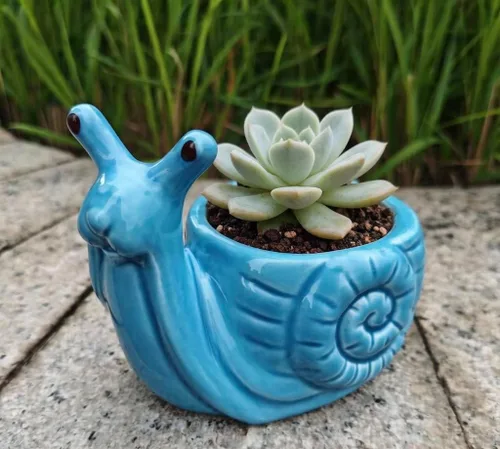 Vista 6 de Maceta de cerámica en forma de caracol animal - Decoración única y encantadora para el hogar (azul)