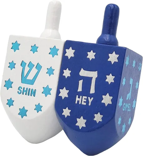 Vista 7 de The Dreidel Company Dreidels de madera pintados a mano extra grandes para Hanukkah, diseño de estrella azul y blanca, paquete de 2