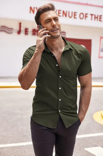 Vista 4 de COOFANDY Camisas de vestir para hombre, sin arrugas, manga corta, casual, con botones