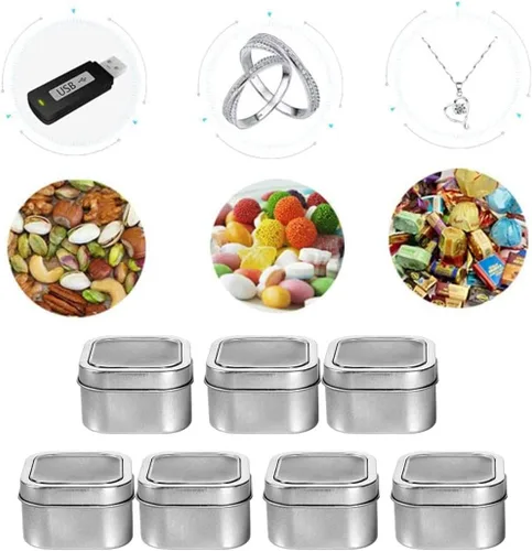 Vista 6 de Latas cuadradas de metal con tapas de ventana, paquete de 15 latas de plata cuadradas vacías para hacer velas, dulces, regalos y tesoros (4 onzas)