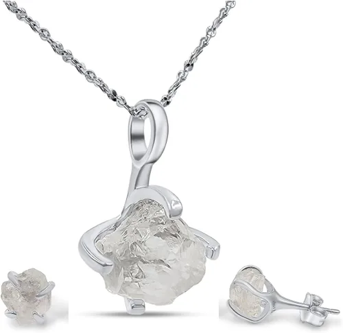 Vista 139 de Juego de joyas de piedras preciosas crudas reales con plata de ley 925 chapada en oro real, collar y aretes de piedra natal, regalo para ella por