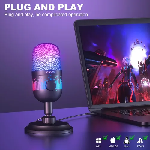 Vista 6 de Aokeo - Micrófono USB para juegos, micrófono de condensador para PC/MAC/PS4/PS5/Teléfono - Micrófono cardioide con iluminación RGB