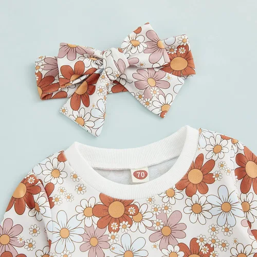 Vista 4 de Sudadera con estampado de flores para bebé niña, sudadera con bolsillo y diadema para otoño e invierno