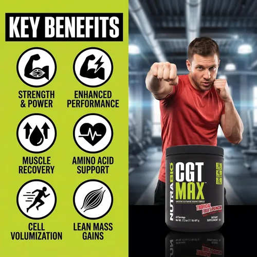 Vista 6 de NutraBio Polvo CGT-MAX - Creatina, glutamina y taurina para apoyar la recuperación muscular y la fuerza - 40 porciones - Ponche de frutas