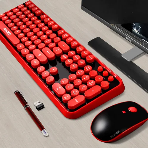 Vista 5 de Combo de teclado inalámbrico, teclado inalámbrico de 2.4 GHz, teclado retro de computadora de oficina de tamaño completo Letton y mouse inalámbrico