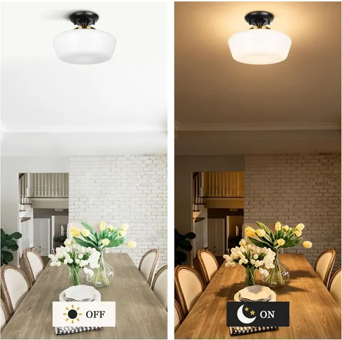 Vista 5 de Lámpara de techo semiempotrada estilo Schoolhouse, lámpara de techo moderna de 12 pulgadas en negro y dorado con pantalla de vidrio de leche