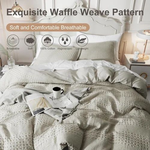 Vista 3 de Ivellow Funda de Edredón King Tejido Waffle Juego de Funda de Edredón 100% Algodón Texturizado Caqui King Funda de Edredón Acogedora Suave Avena