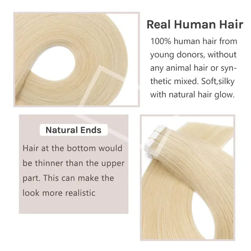Vista 3 de Hairro Extensiones de cabello humano Remy con cinta adhesiva de doble cara de 18 pulgadas, 20 unidades, 1.06 oz, color rubio decolorado #613, sin