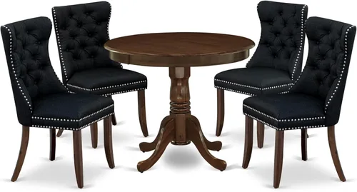 Vista 21 de East West Furniture ANDA5-AWA-12 - Juego de mesa de cocina de 5 piezas, incluye una mesa de comedor redonda con pedestal y 4 sillas Parson tapizadas