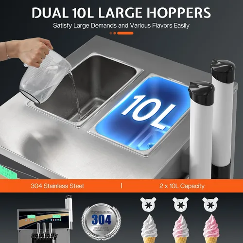 Vista 5 de Jocisland Máquina de helado suave comercial de 45L/H, máquina de helado de 3 sabores de 2900 W, compresores duales, cilindro de acero inoxidable