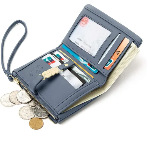 Vista 2 de AOXONEL Carteras pequeñas para mujer monedero plegable RFID para mujer monederos para tarjetas monedero de cambio con correa de muñeca Clásico