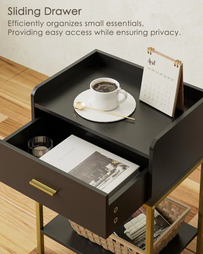Vista 4 de Mesita de noche, mesita de noche moderna de 3 niveles, mesita de noche con cajón de almacenamiento y estante, mesa auxiliar pequeña para dormitorio