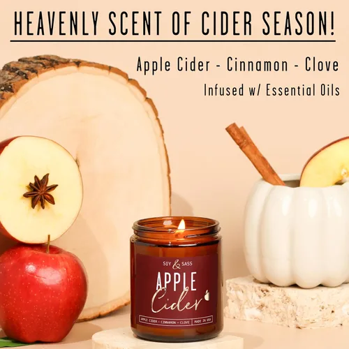 Vista 2 de Vela de sidra de manzana, velas de otoño I de sidra de manzana, canela y nuez moscada, infundida con aceites esenciales, vela perfumada de otoño