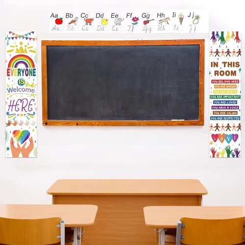 Vista 6 de Estune 2 carteles inspiradores de arcoíris para el aula, letrero de bienvenida para decoración de regreso a la escuela, con texto en inglés