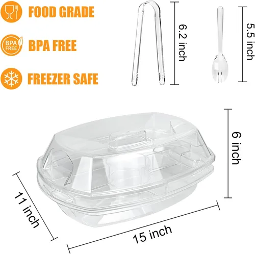 Vista 3 de Bandeja de servir enfriada con hielo extragrande con tapa, plato de frutas transparente con 4 compartimentos, plato de cóctel de camarones, cuenco