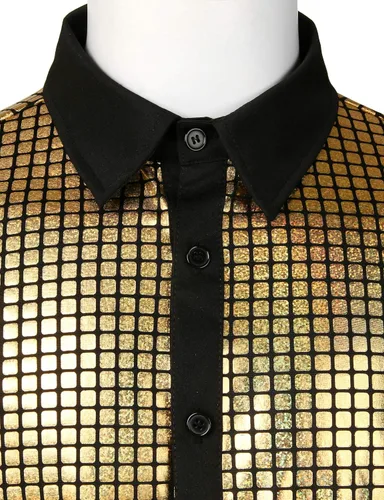 Vista 4 de JOGAL Camisa de vestir para hombre de lentejuelas plateadas manga corta botones hacia abajo de los años 70