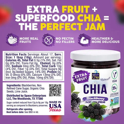 Vista 2 de World of Chia Mermelada de semillas de chía de frutas extra, mermeladas y conservas de moras, mermelada de chía súper alimentaria, totalmente