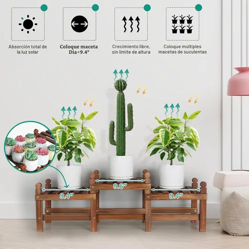 Vista 6 de Soporte para plantas de 3 niveles para interiores, banco bajo