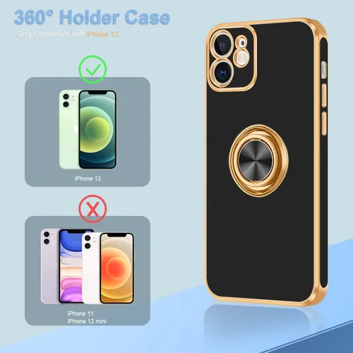 Vista 2 de Fingic Funda para iPhone 12 con Soporte de Anillo, [Soporte de Anillo Giratorio de 360° Magnético con Base] [Borde Dorado Brillante con Enchapado]
