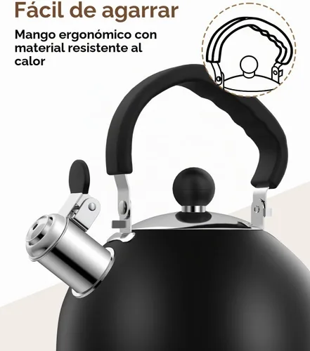 Vista 4 de Hervidor de té de acero inoxidable premium para estufa - Tetera clásica de 2 cuartos para estufa, hervidor de silbato fuerte con mango ergonómico