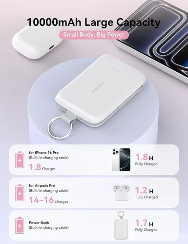 Vista 5 de RORRY CharmGo - Cargador portátil, 10000 mAh PD 30 W, cargador portátil de carga rápida con cables integrados, llavero de viaje para iPhone Negro