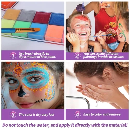 Vista 5 de VESPRO Kit de pintura facial para fiesta de adultos, 32 colores de aceite profesional para cara y cuerpo con 10 pinceles, 4 plantillas faciales