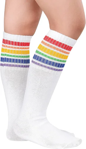 Vista 2 de Zando Calcetines deportivos de algodón con tres rayas para niños y niñas, uniforme de tubo, lindo tubo hasta la rodilla